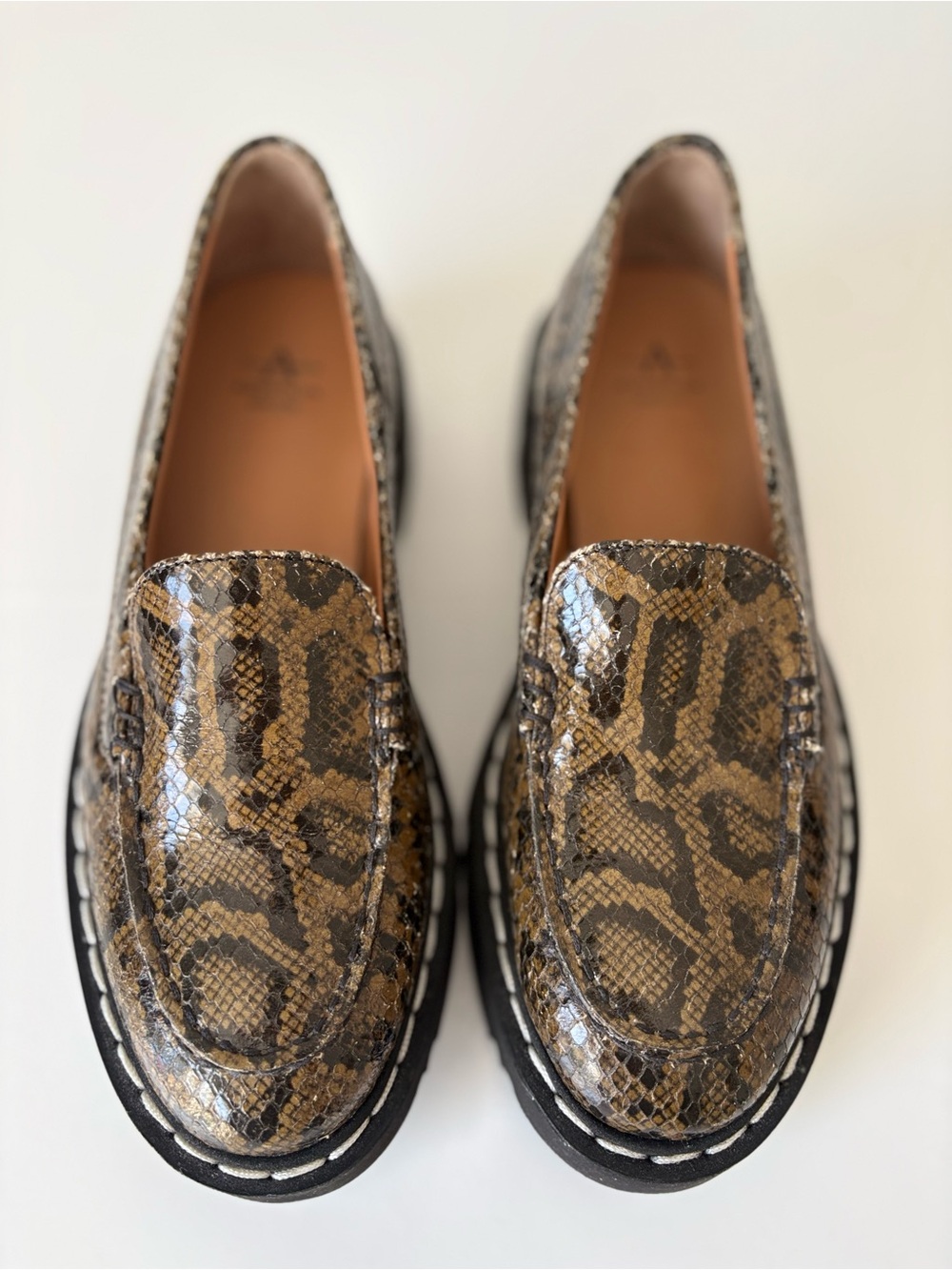 Aquatalia Snake Print Leather Lug Sole Loafers Brown Black Women’s Size 8 Italy